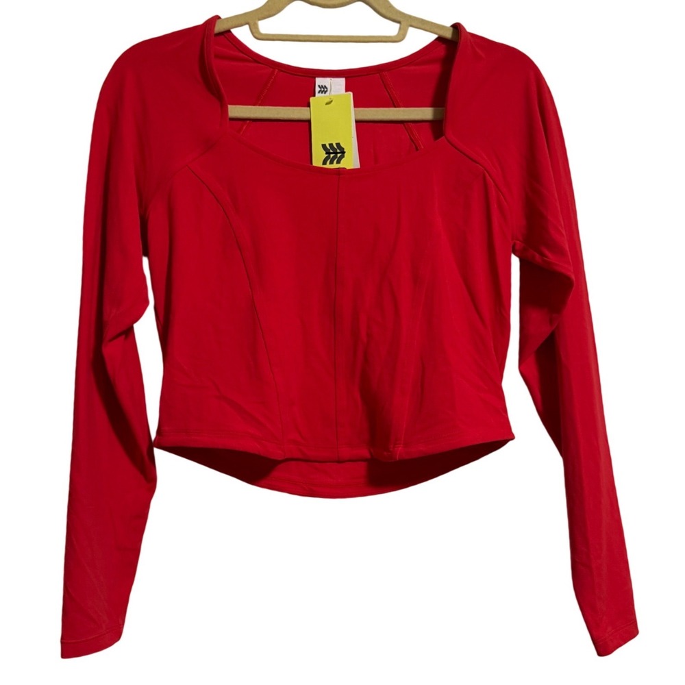 All in Motion Womens Everyday Soft Cropped Long Sleeve Tee Red Square Neck M NWT